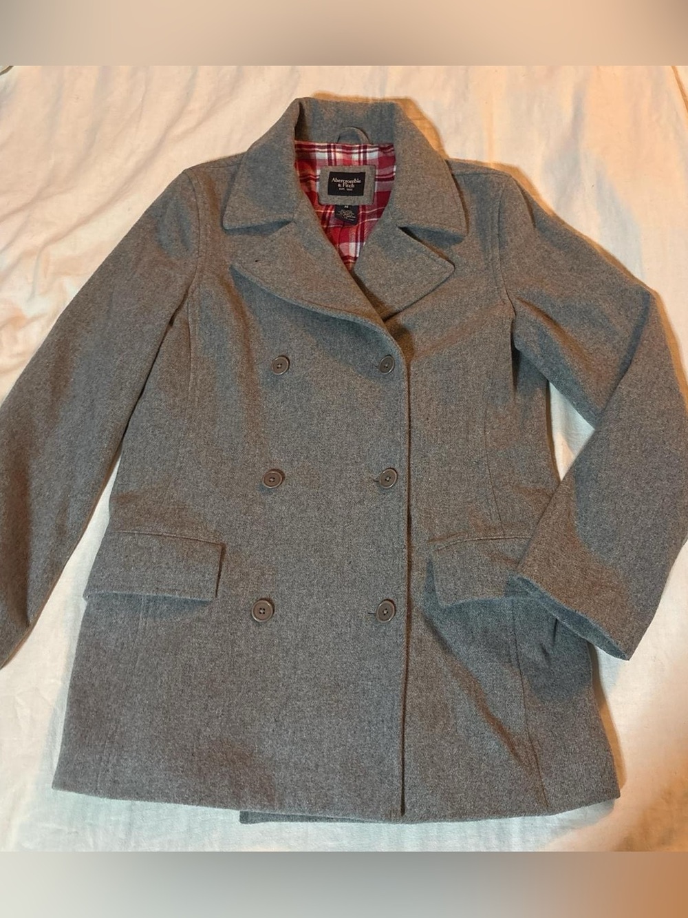 Abercrombie & Fitch Gray Double-Breasted Pea Coat with Plaid Lining